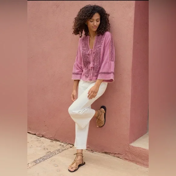 (EUC)Wrap London crinkle cotton linen front tie blouse size us 12 - Picture 2 of 9